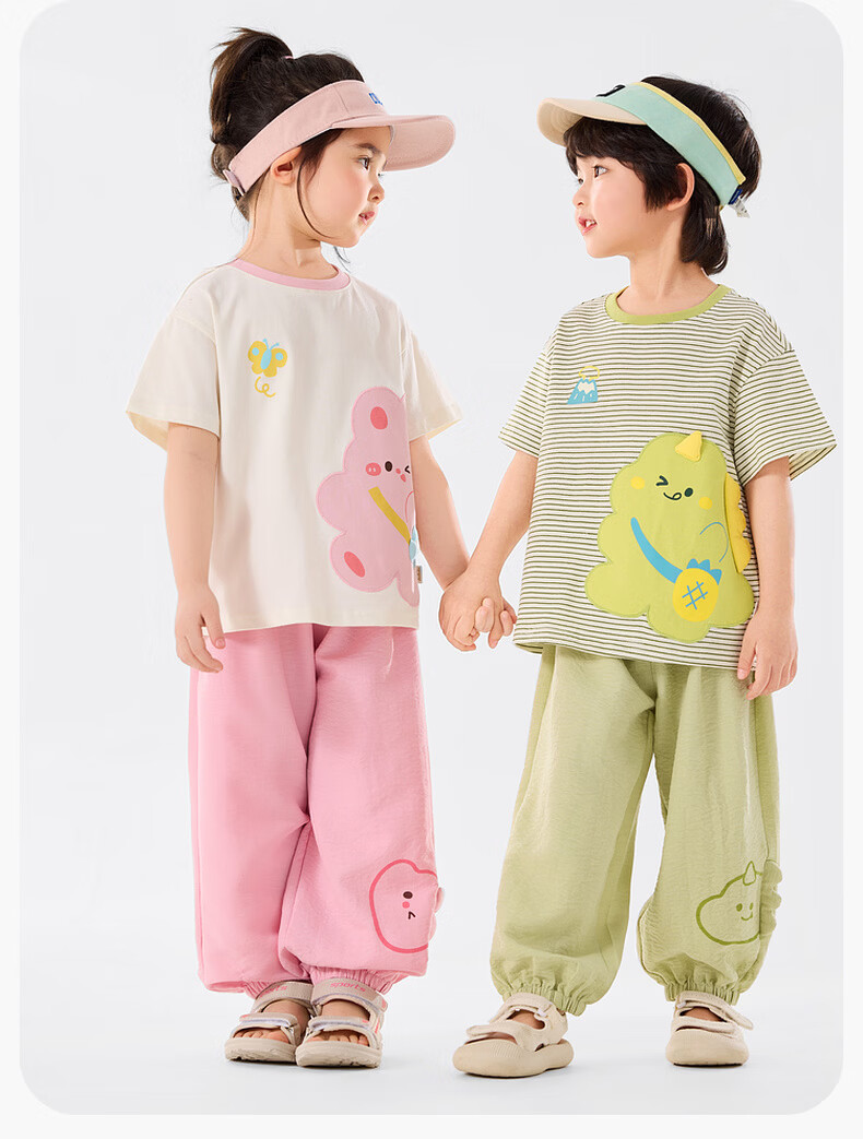 Dudu Kids Cartoon Summer Set Baby Skin-Friendly Two-Piece Boys T-Shirt Girls Mosquito-Proof Pants Green Stripes 100 15