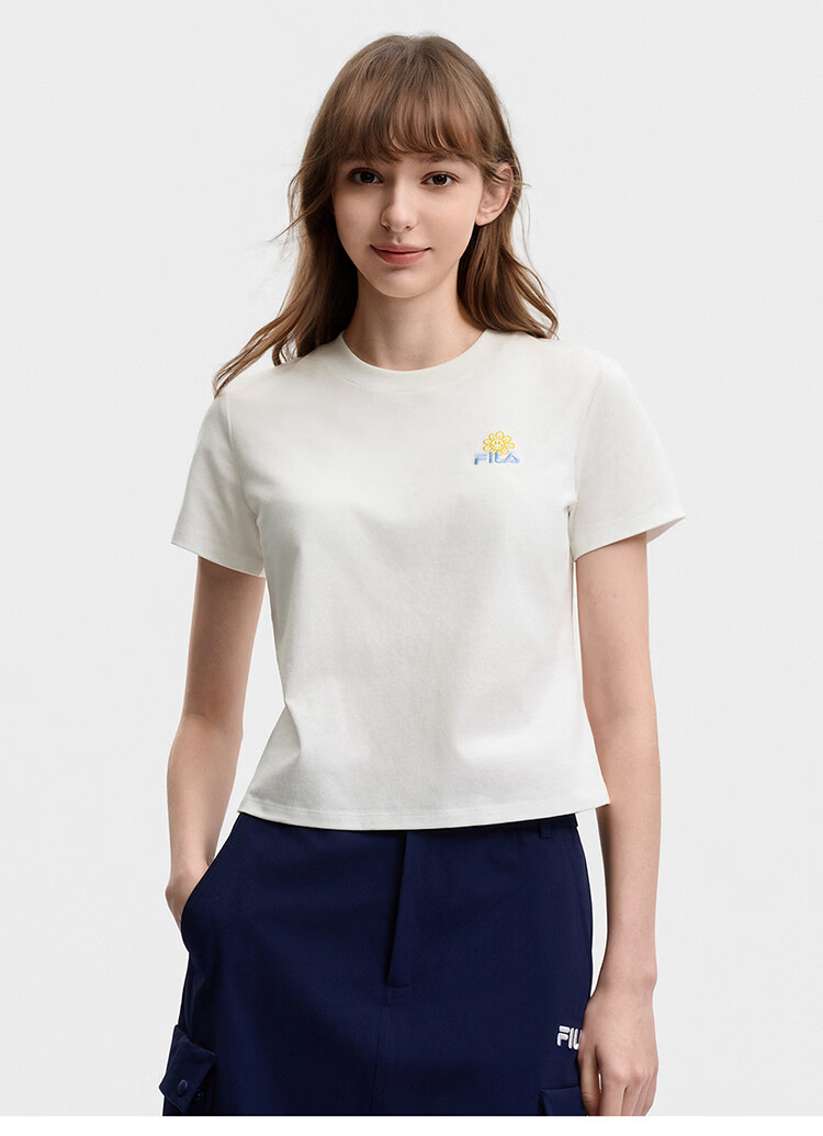 FILA Official Women's Knitted Short Sleeve Shirt 2026 Summer Casual Slim Fit Cool Cotton Cropped T-Shirt 63