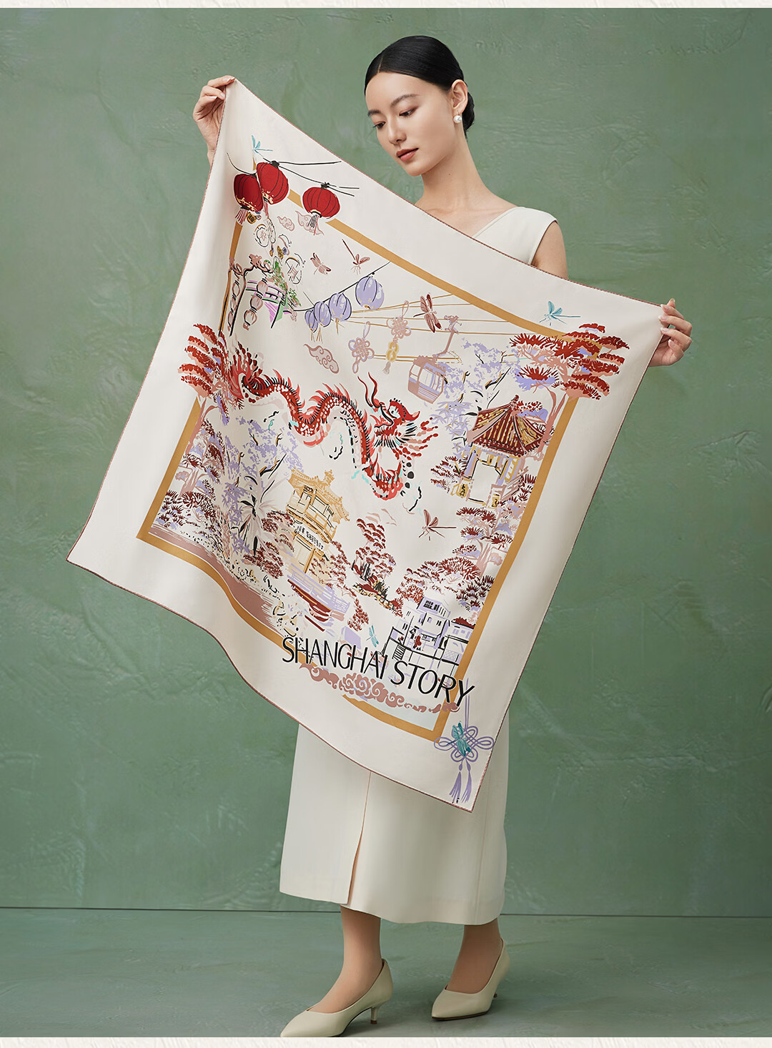 Shanghai Story [Counter Same Style] 100% Mulberry Silk Double-Sided Printed Square Scarf Women's Silk Scarf Gift for Girlfriend 9
