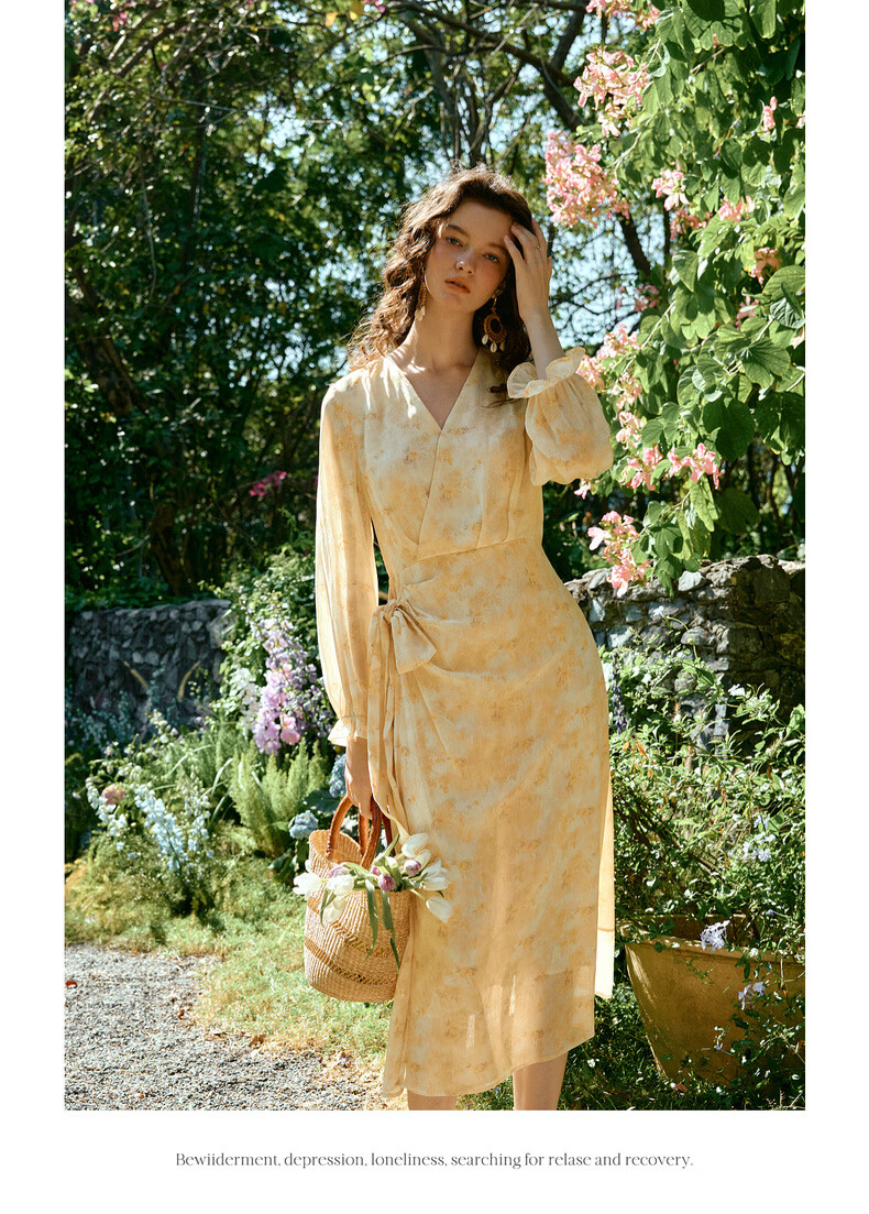 Olrain Oureier Vacation Style V-Neck Tie-Dye Floral Long Sleeve Dress Women Spring New Elegant Long Dress Colorful S 15
