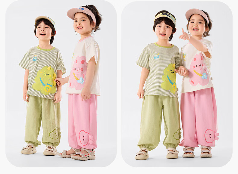 Dudu Kids Cartoon Summer Set Baby Skin-Friendly Two-Piece Boys T-Shirt Girls Mosquito-Proof Pants Green Stripes 100 16