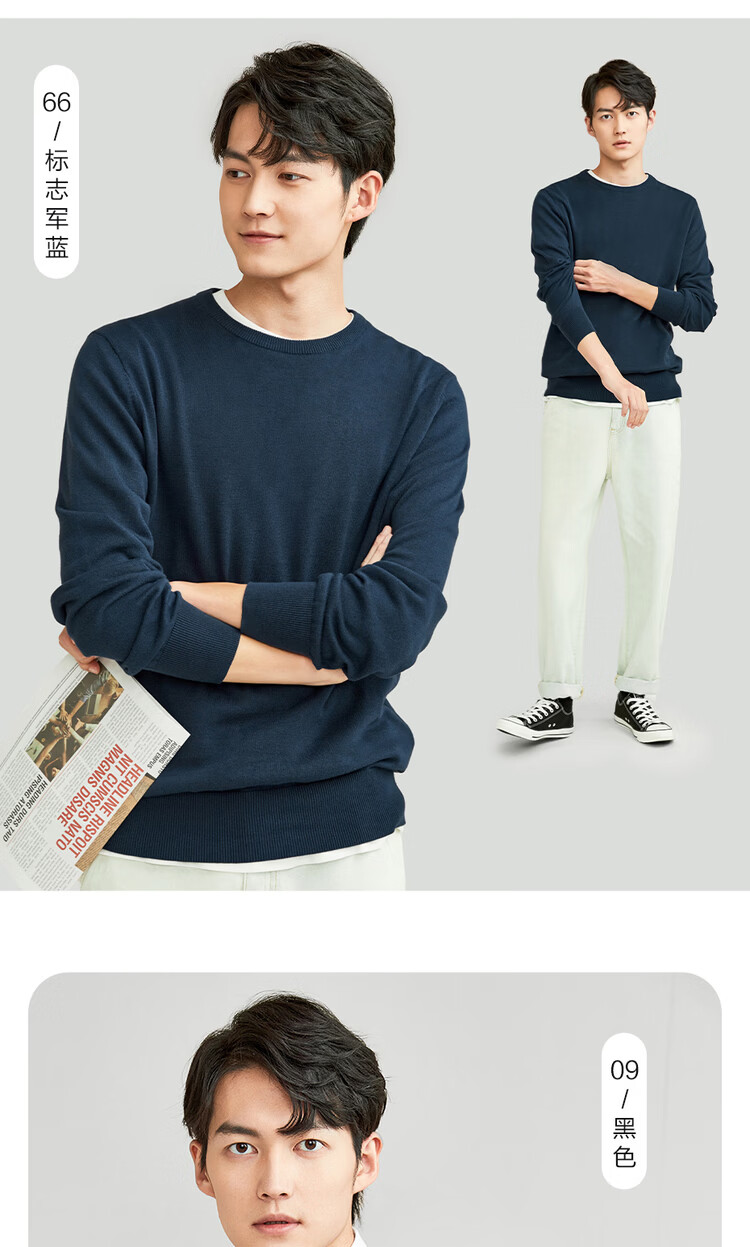 Giordano Men's Spring New Combed Cotton Solid Color Crew Neck Pullover Knitwear 18055610 16