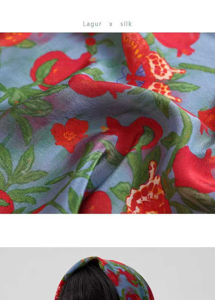 Lagur "Butterfly Pomegranate Flower" 100% Mulberry Silk Triangle Scarf Women's Silk Diamond Scarf Lupine Blue 13
