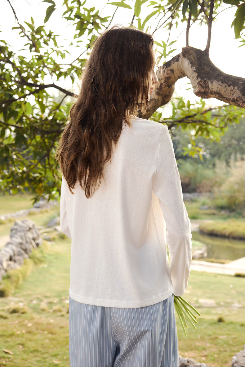 Olrain French Lace Splice Snowflake Cotton Long Sleeve T-Shirt Women Spring New Commuter Casual Top Off-White M 19