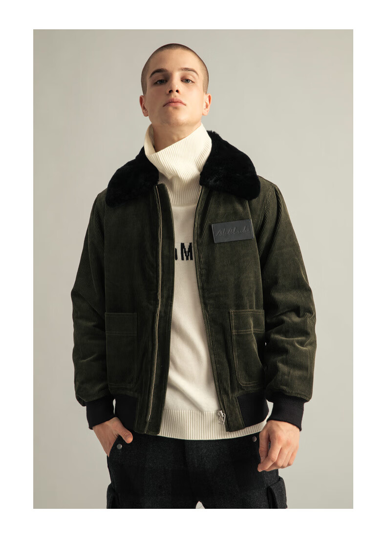 ak男装轻复古宽条灯芯绒毛领保暖棉衣棉服冬季外套男1910470军绿m