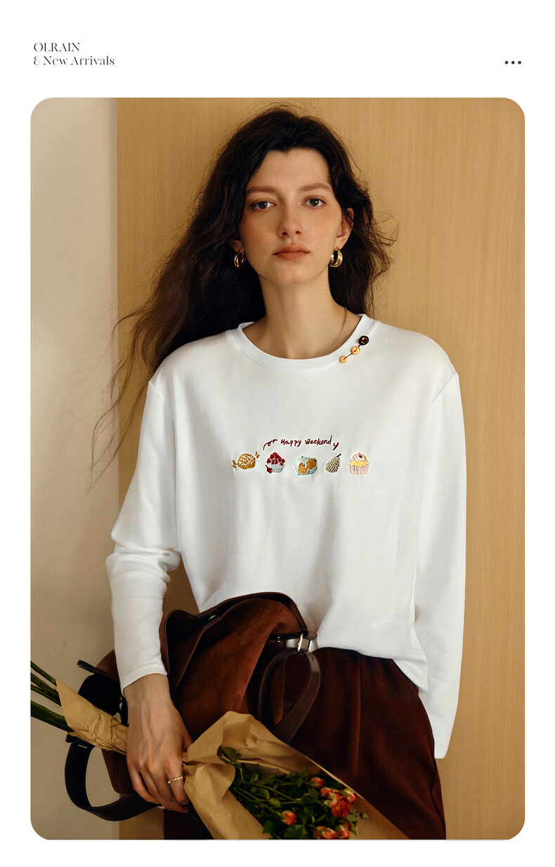 Olrain Eurier Tencel Cotton Simple Elegant Embroidered Loose Long Sleeve T-Shirt Spring Crew Neck Top for Women Beige XL 6