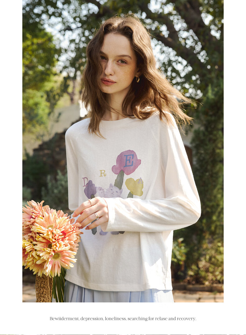 Olrain Casual Fun Cat Print Loose Long Sleeve T-Shirt Women Spring New Round Neck Top White S 17