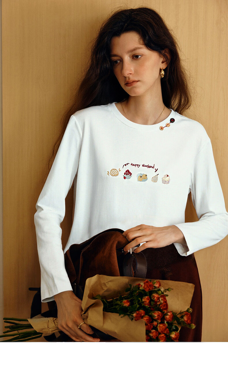 Olrain Eurier Tencel Cotton Simple Elegant Embroidered Loose Long Sleeve T-Shirt Spring Crew Neck Top for Women Beige XL 12