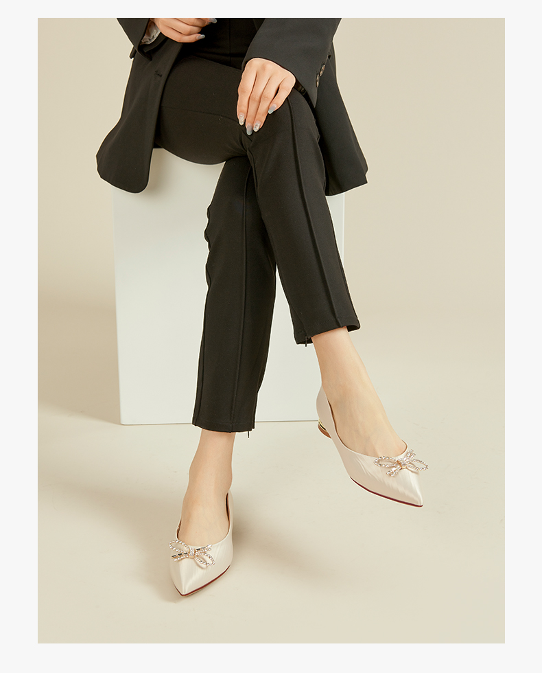 大东/西颂秋季简约优雅低跟方跟甜美蝴蝶结浅口单鞋女鞋1522 米色 37