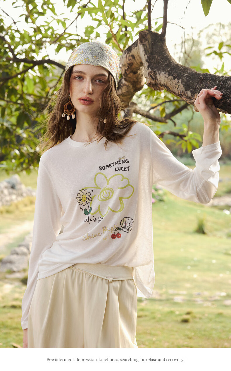 Olrain Eurielle Tencel Relaxed Fit Casual Printed Long Sleeve T-Shirt Sun Protection Top for Women White (Second Batch) M 11