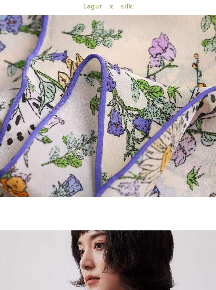 Lagur "French Wonderland" 100% Mulberry Silk Small Scarf 12 Momme Silk Triangle Neck Scarf Spring Autumn Cream Yellow 15