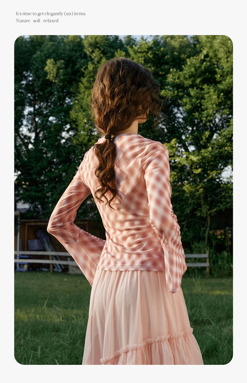 Olrain Vintage Elegant Rhombus Pattern Small Lapel Long Sleeve T-Shirt Women Spring Flared Sleeve Top Pink XL 12
