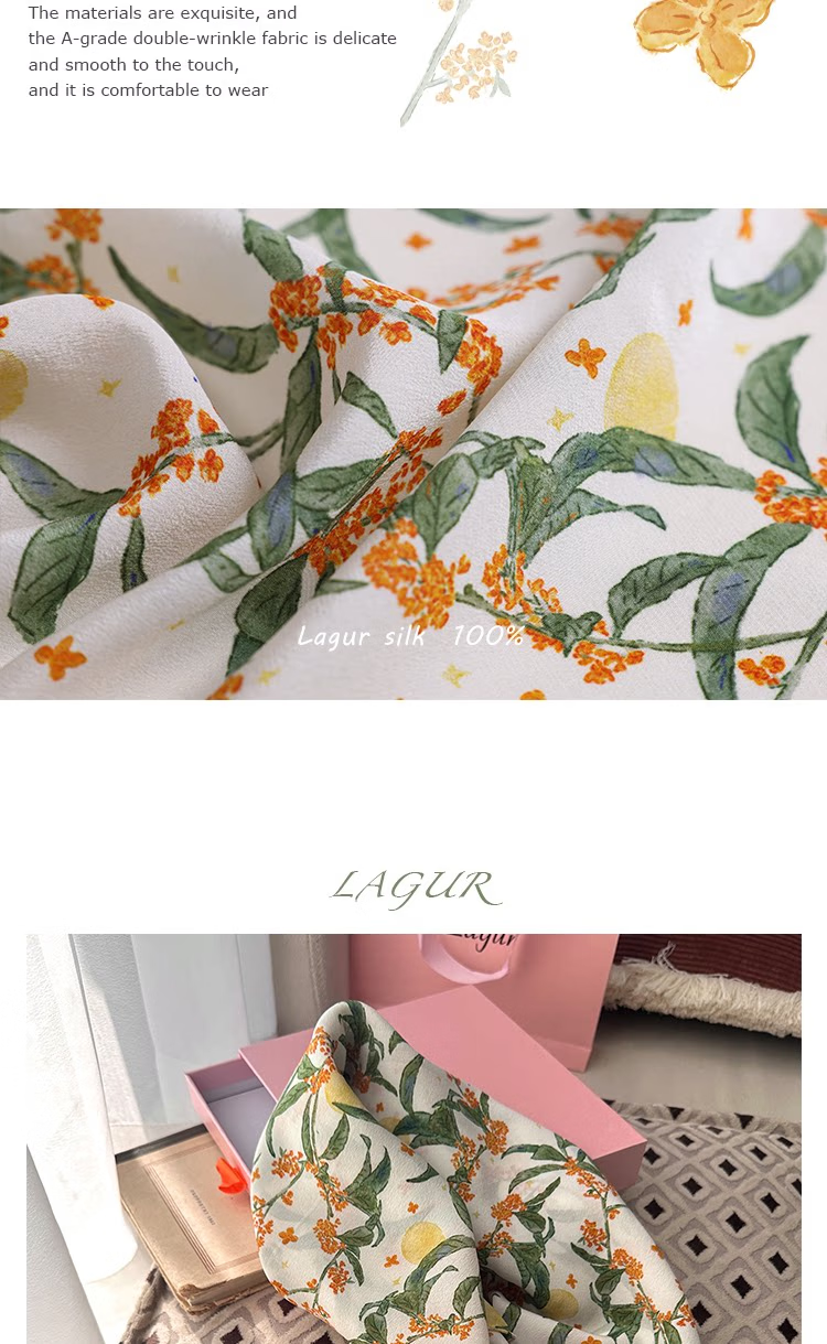 Lagur Original "Night Osmanthus" 100% Mulberry Silk Scarf, Double Crepe Rolled Edge Square Silk Scarf for Women, Refreshing Purple 23