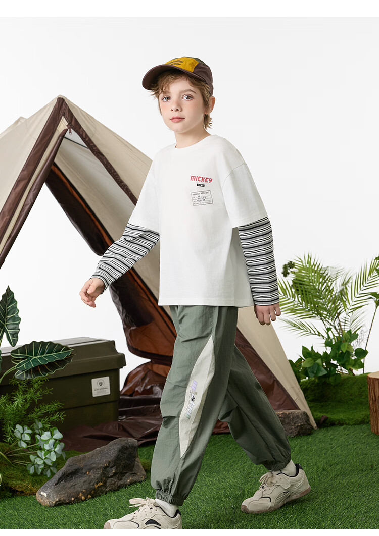 Disney Kids Boys and Girls Long Sleeve Faux Two-Piece Spring T-Shirt 2026 New Children's Cotton Base Layer Sweatshirt Trendy Cool 10