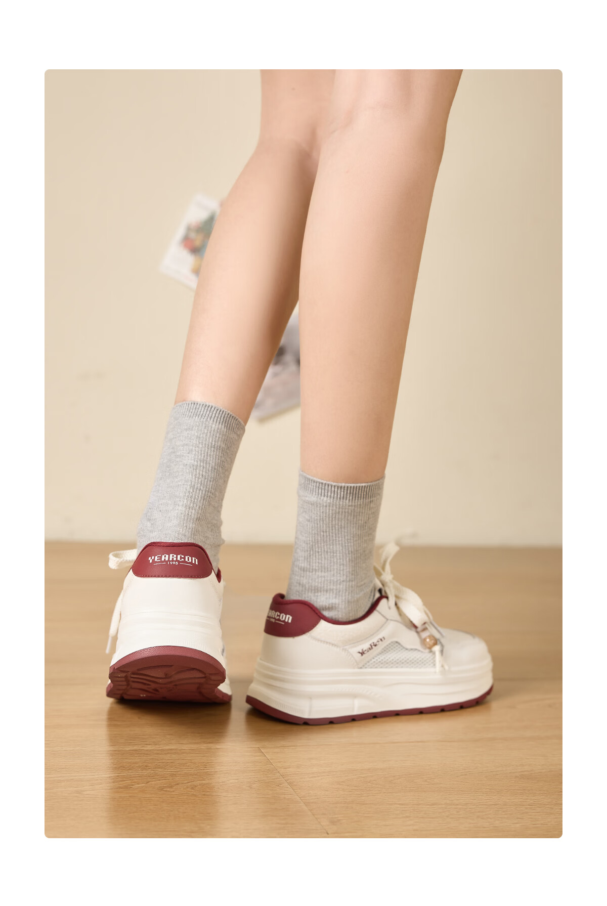 Eierkang Women's Spring Summer Thick-soled Breathable Mesh White Sneakers Comfortable Casual Shoes 17743W Off-white (Red) Size 35 5