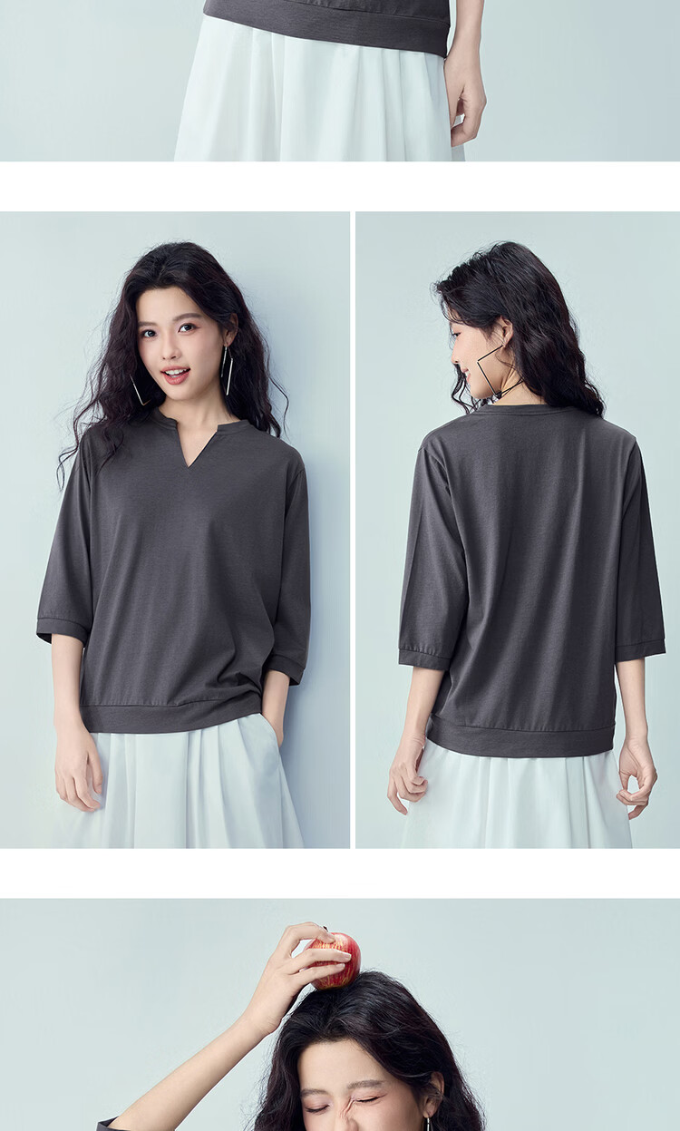 Giordano Women's T-Shirt 2026 Summer New Black Technology Cooling Loose V-Neck Three-Quarter Sleeve Top 05326384 16