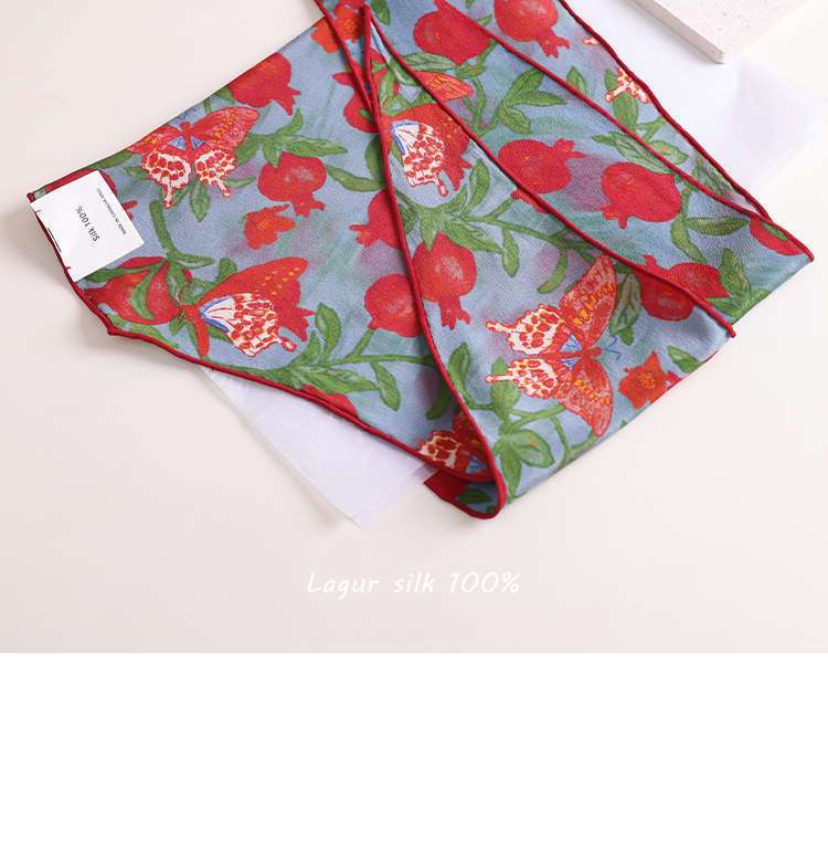 Lagur "Butterfly Pomegranate Flower" 100% Mulberry Silk Triangle Scarf Women's Silk Diamond Scarf Lupine Blue 22