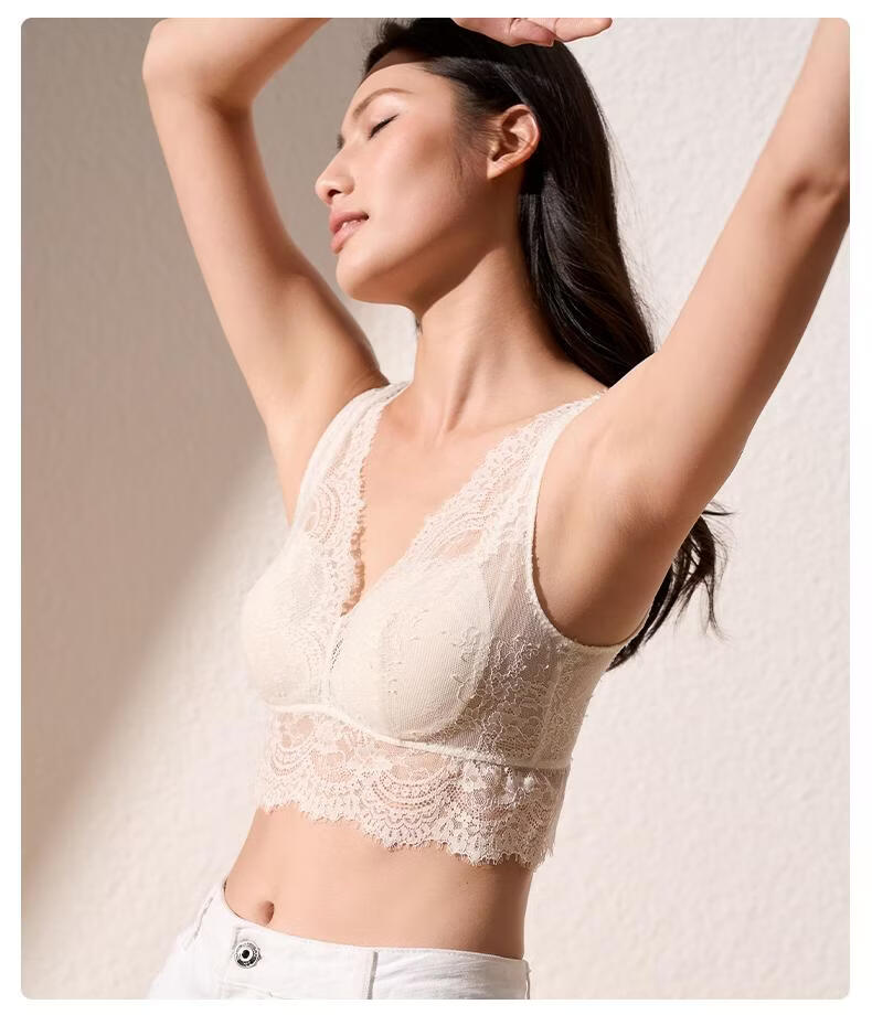 Manifen Lace Eyelash Vest Women Long Triangle Cup Camisole Back Beauty Inner Wear Push-Up Anti-Exposure Wireless Bra Base Layer 12