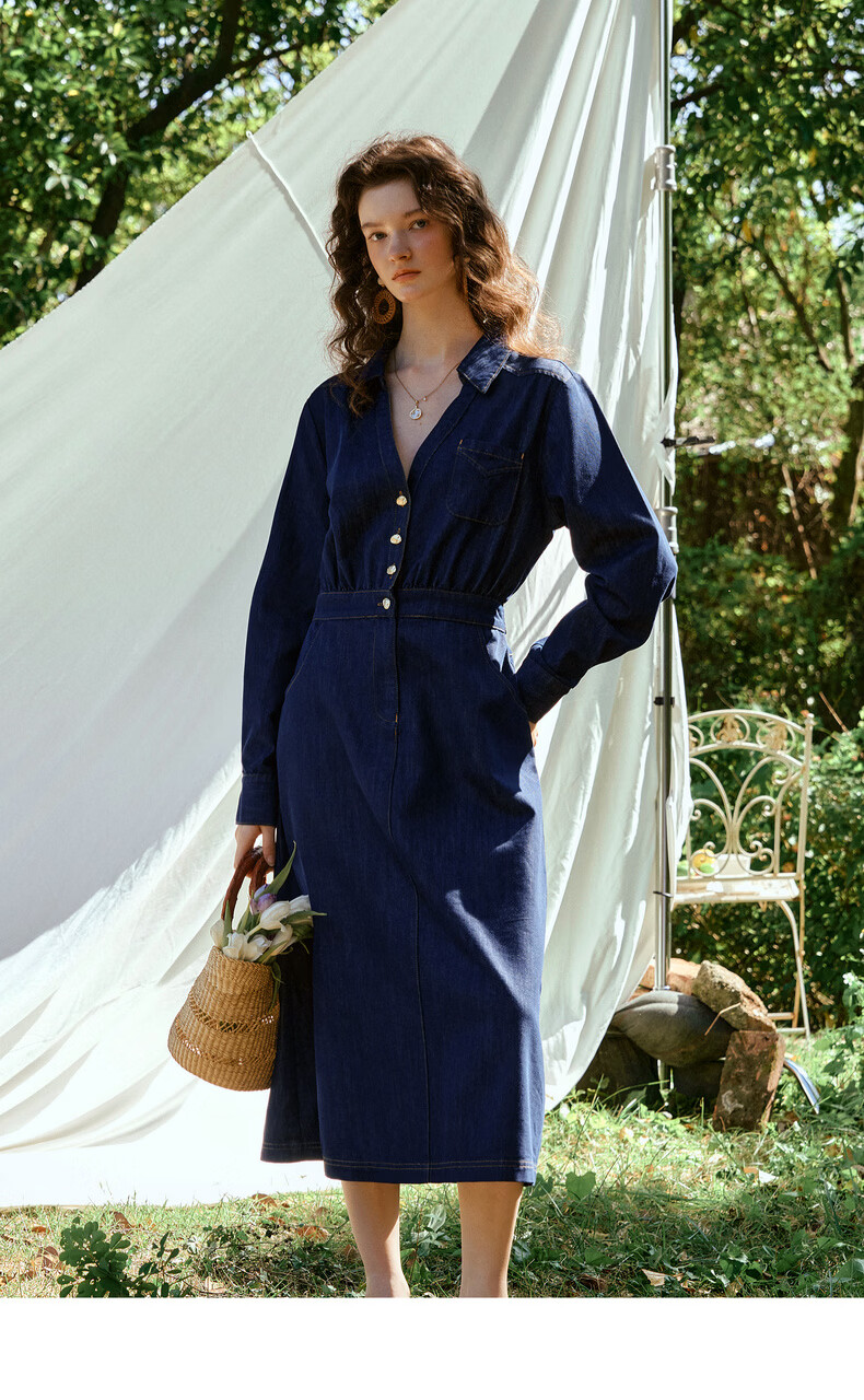Olrain Vintage V-Neck Waist-Cinched Denim Long Sleeve Dress for Women Spring Shirt-Style Long Dress Denim Blue M 17