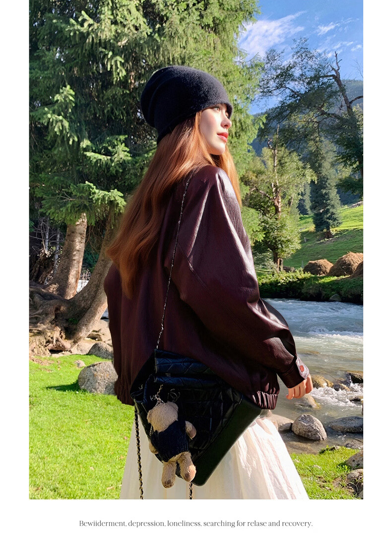 Olrain Eurier Vintage Stand Collar Leather Short Jacket Women's Spring New Loose Fit Burgundy S 10