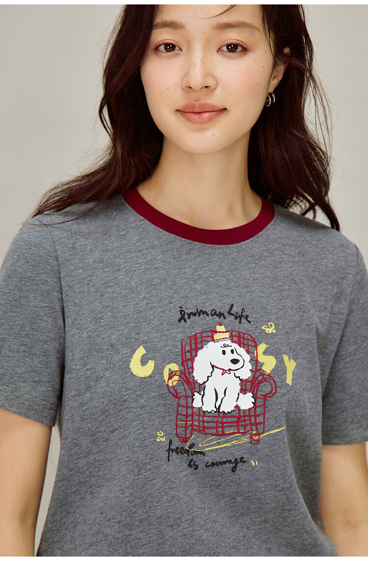 INMAN INMAN [Runway Style] Floral Contrast Color Round Neck T-Shirt, Summer Women's Regular Shoulder Short Sleeve Top, Dark Floral Gray, Size S 21