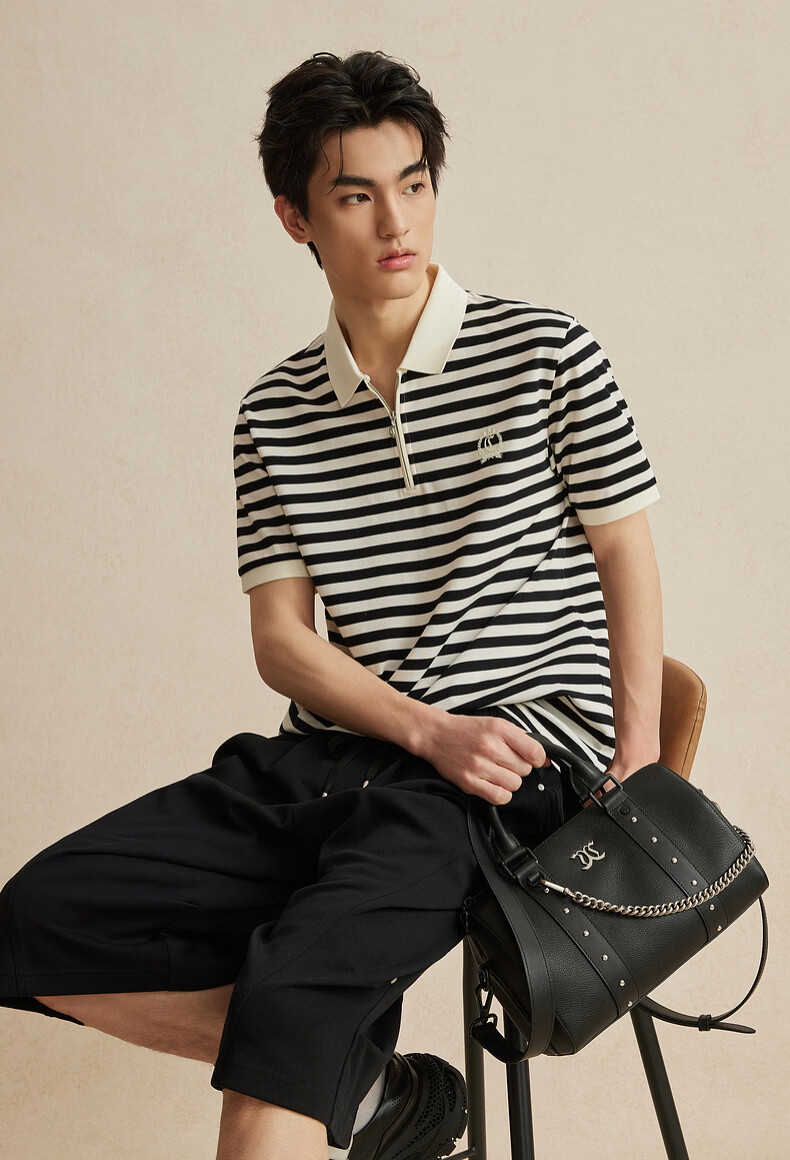 CABBEEN Mercerized Pique Striped Half-Zip Polo Shirt Men Classic Striped Summer 2026 Short Sleeve Breathable Polo Shirt 2