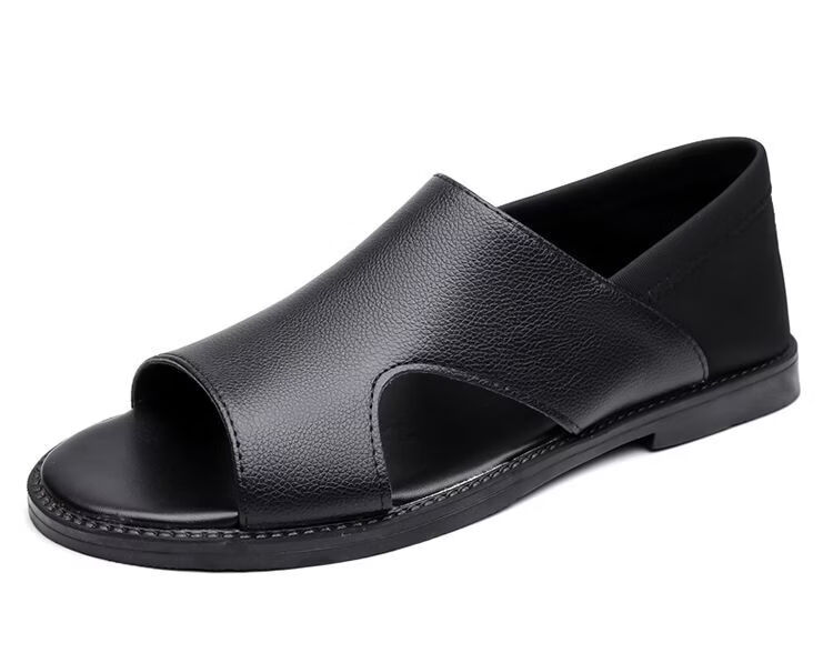 Jingzhenlianggong Men's Summer Sandals Dual-use Slippers Non-slip Soft Sole Beach Shoes Black [Leather Texture] Size 38 17