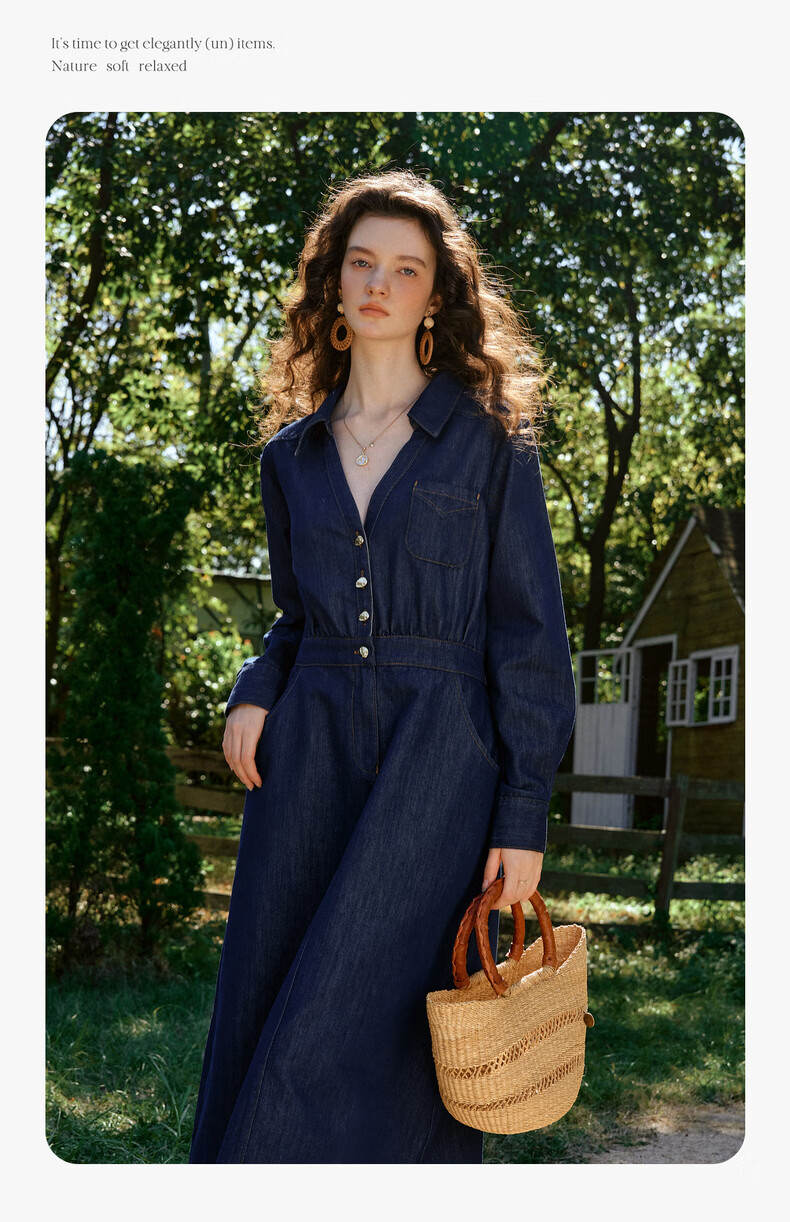 Olrain Vintage V-Neck Waist-Cinched Denim Long Sleeve Dress for Women Spring Shirt-Style Long Dress Denim Blue M 12
