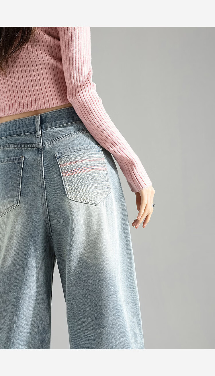 TonLion 2026 Spring Autumn Women's Embroidered Unique Design Light Wash Wide Leg Denim Jeans 18