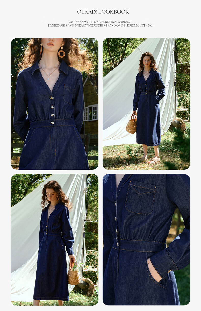 Olrain Vintage V-Neck Waist-Cinched Denim Long Sleeve Dress for Women Spring Shirt-Style Long Dress Denim Blue M 11