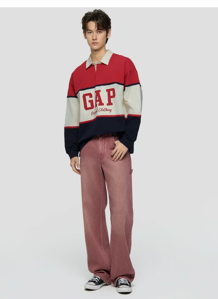 GAP 2026 Spring New Cotton Vintage Washed Colorblock Loose Long Sleeve Polo Shirt 854273 for Men and Women 16