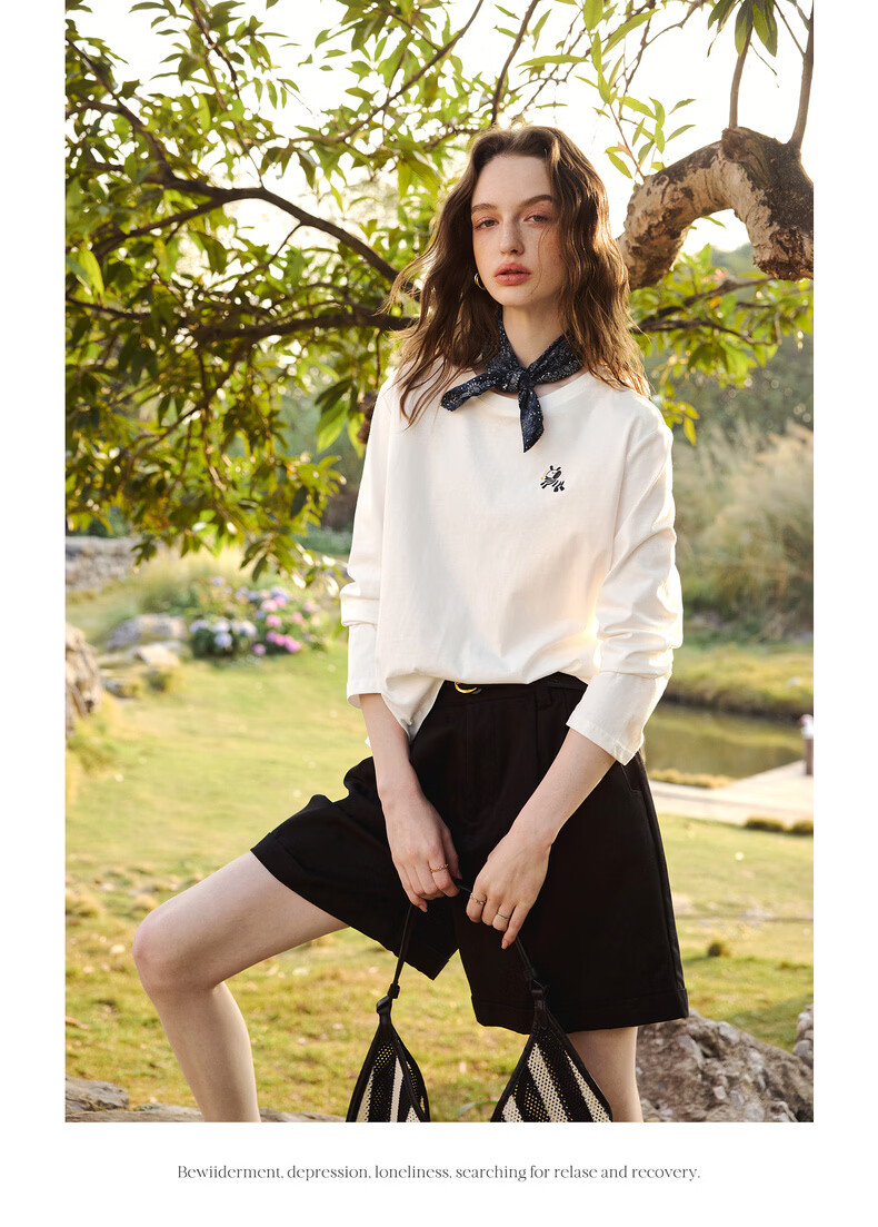 Olrain Simple Color-Block Pony Embroidery Casual Long Sleeve T-Shirt Women Spring Pure Cotton Crew Neck Top Off-White S 15