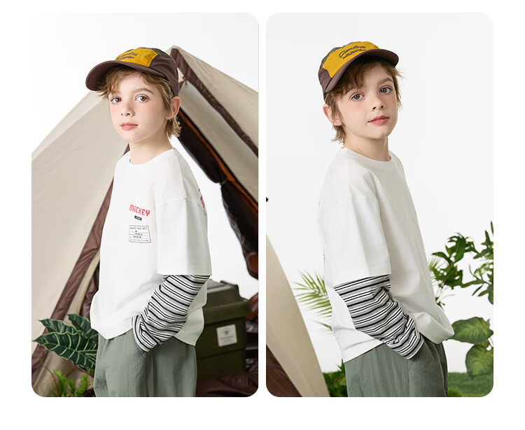 Disney Kids Boys and Girls Long Sleeve Faux Two-Piece Spring T-Shirt 2026 New Children's Cotton Base Layer Sweatshirt Trendy Cool 9