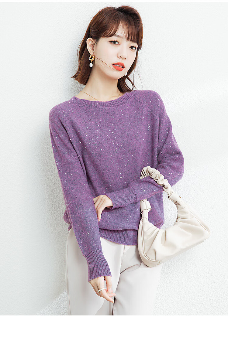拉夏贝尔 2022冬装新款女圆领毛衣珠片纱毛衣腈纶(聚丙烯腈纤维)混纺