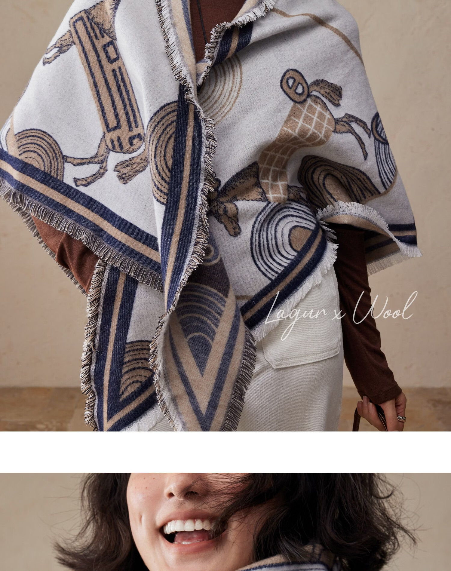 Lagur Minimalist Horse Fine Wool Blend Triangle Scarf Air Conditioning Room Shawl Versatile Women's Neck Warmer Minimalist Beige 28