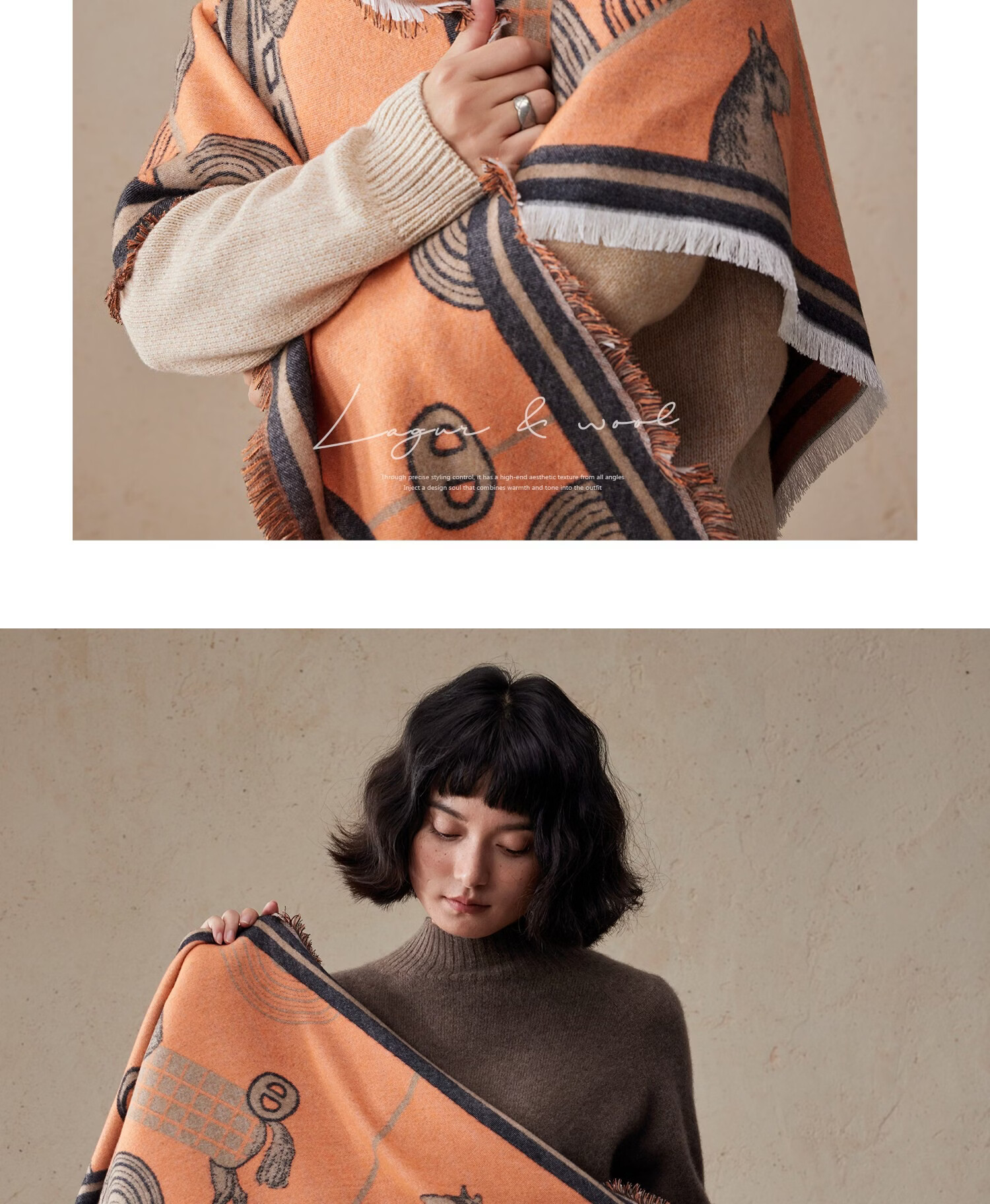 Lagur Minimalist Horse Fine Wool Blend Triangle Scarf Air Conditioning Room Shawl Versatile Women's Neck Warmer Minimalist Beige 42
