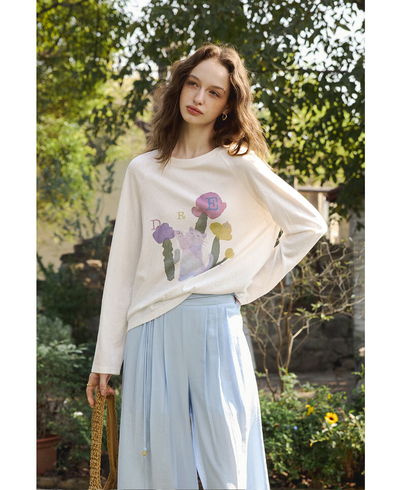 Olrain Casual Fun Cat Print Loose Long Sleeve T-Shirt Women Spring New Round Neck Top White S 16