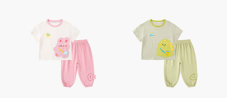 Dudu Kids Cartoon Summer Set Baby Skin-Friendly Two-Piece Boys T-Shirt Girls Mosquito-Proof Pants Green Stripes 100 14