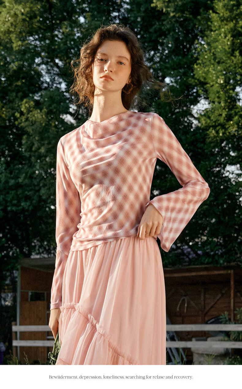 Olrain Vintage Elegant Rhombus Pattern Small Lapel Long Sleeve T-Shirt Women Spring Flared Sleeve Top Pink XL 14