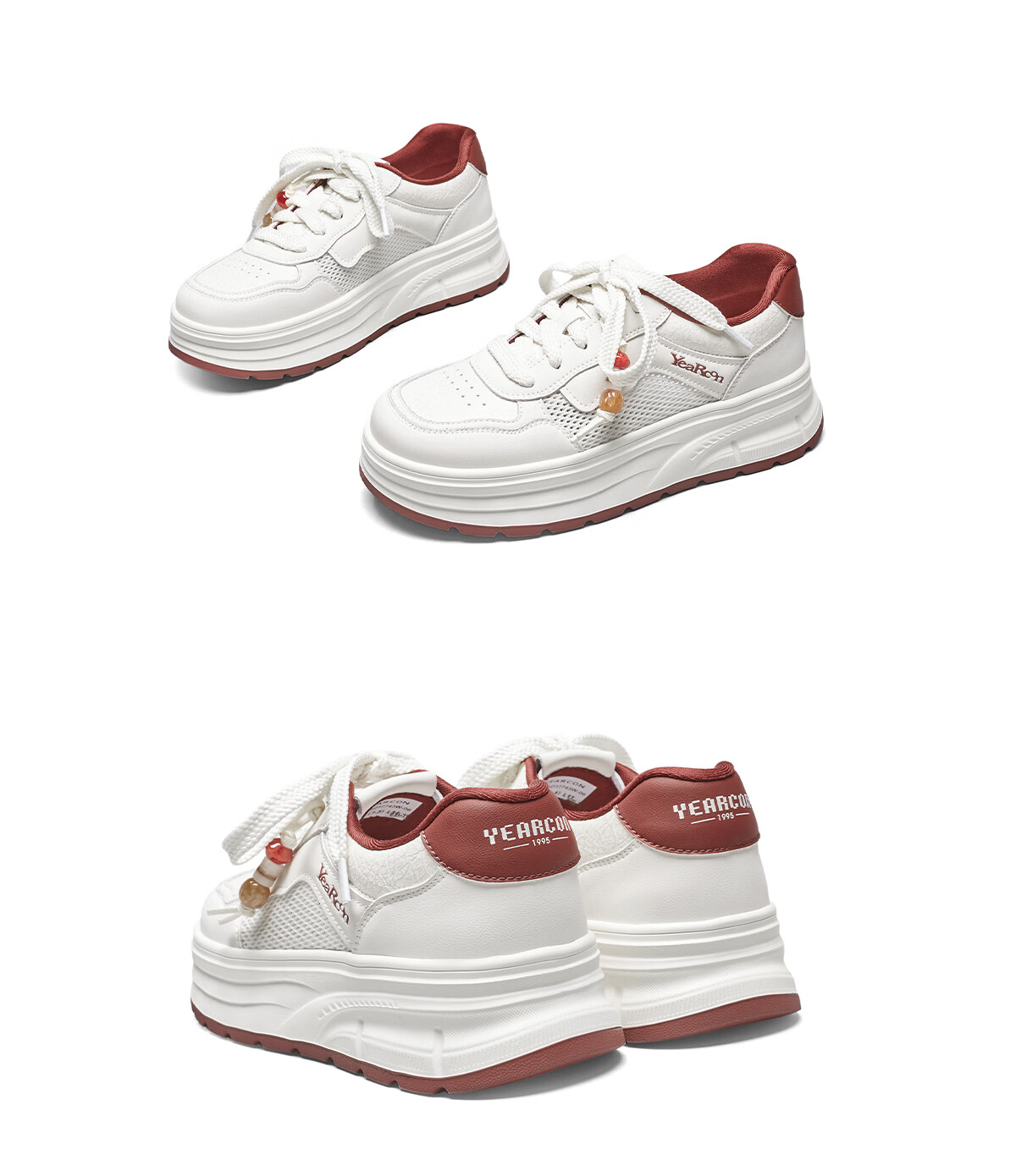 Eierkang Women's Spring Summer Thick-soled Breathable Mesh White Sneakers Comfortable Casual Shoes 17743W Off-white (Red) Size 35 8