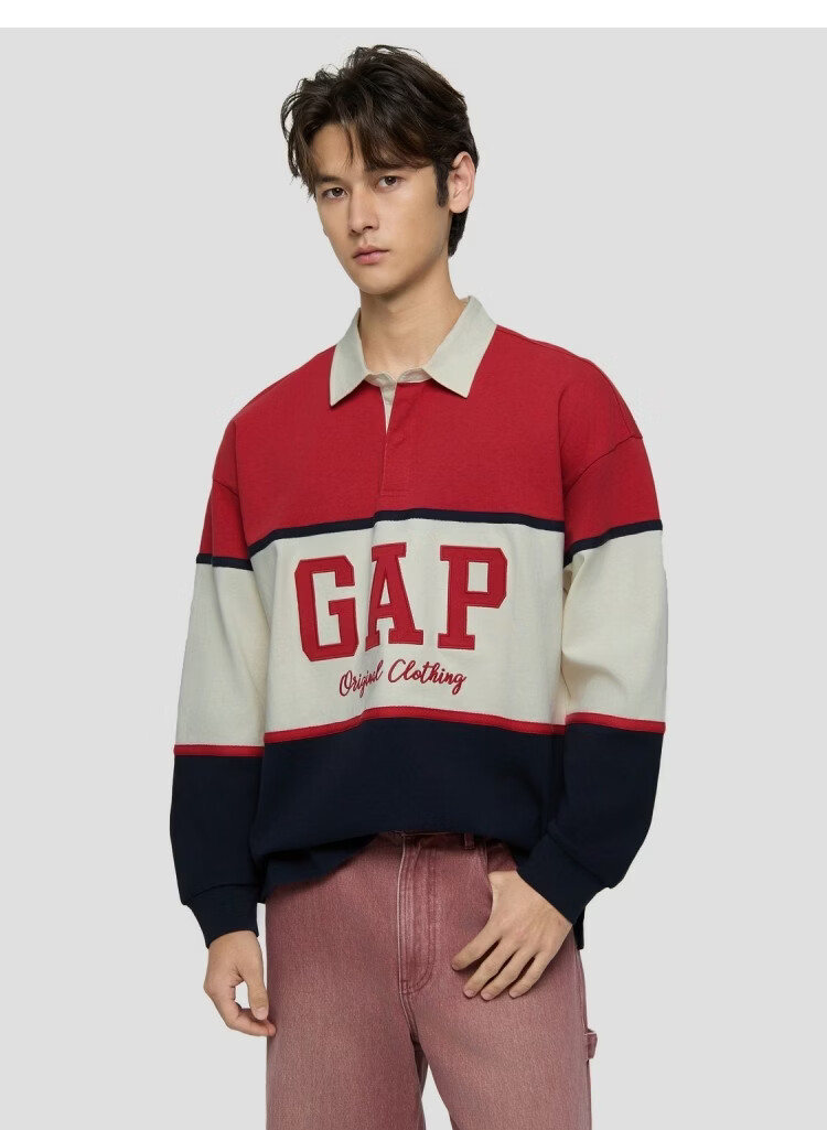 GAP 2026 Spring New Cotton Vintage Washed Colorblock Loose Long Sleeve Polo Shirt 854273 for Men and Women 14