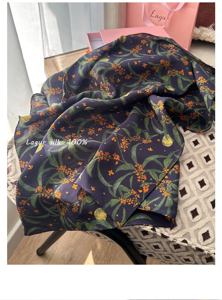 Lagur Original "Night Osmanthus" 100% Mulberry Silk Scarf, Double Crepe Rolled Edge Square Silk Scarf for Women, Refreshing Purple 17