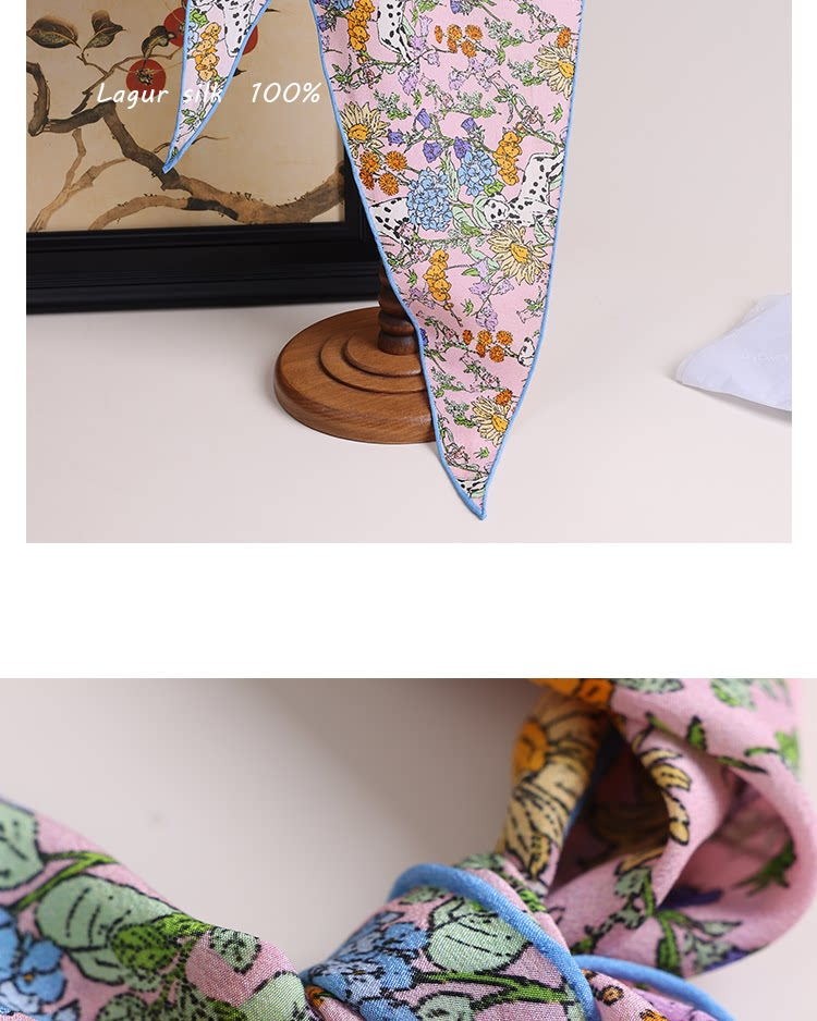Lagur "French Wonderland" 100% Mulberry Silk Small Scarf 12 Momme Silk Triangle Neck Scarf Spring Autumn Cream Yellow 26