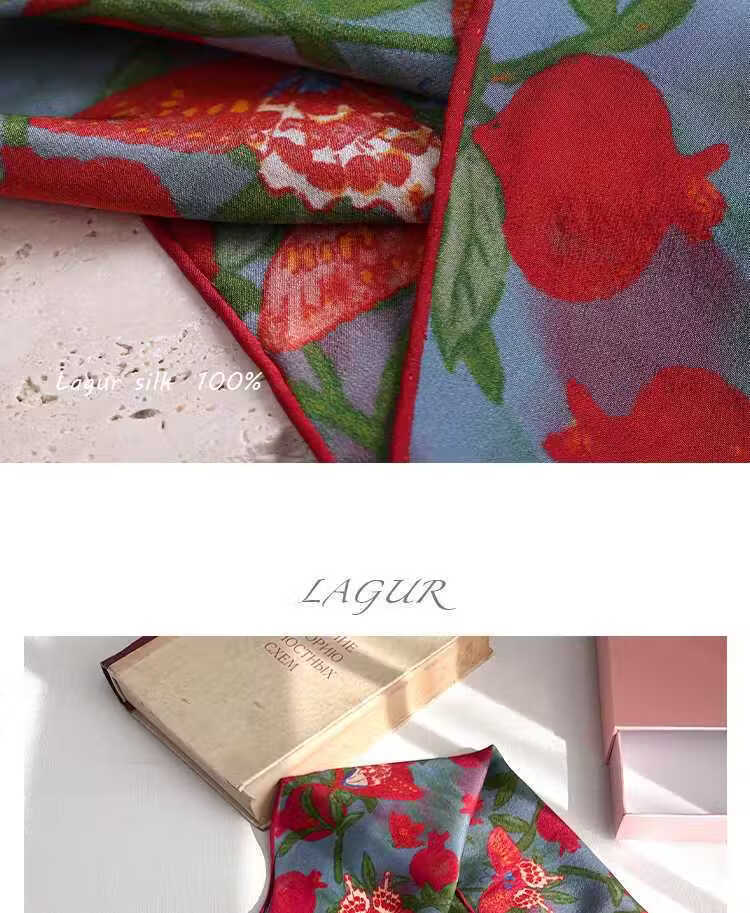 Lagur "Butterfly Pomegranate Flower" 100% Mulberry Silk Triangle Scarf Women's Silk Diamond Scarf Lupine Blue 16