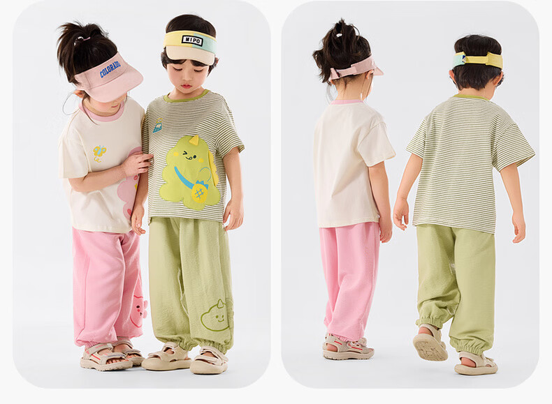 Dudu Kids Cartoon Summer Set Baby Skin-Friendly Two-Piece Boys T-Shirt Girls Mosquito-Proof Pants Green Stripes 100 18