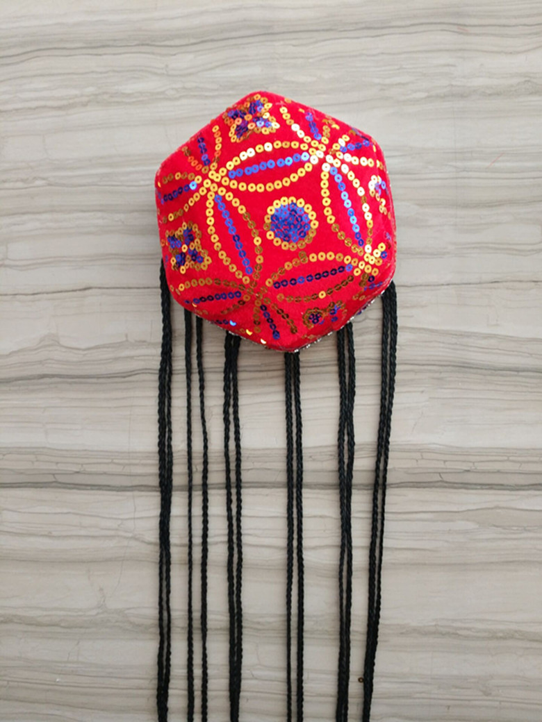 新疆六角带辫子小花帽男女童成人帽子演出头饰维族舞蹈民族帽辫子帽甜