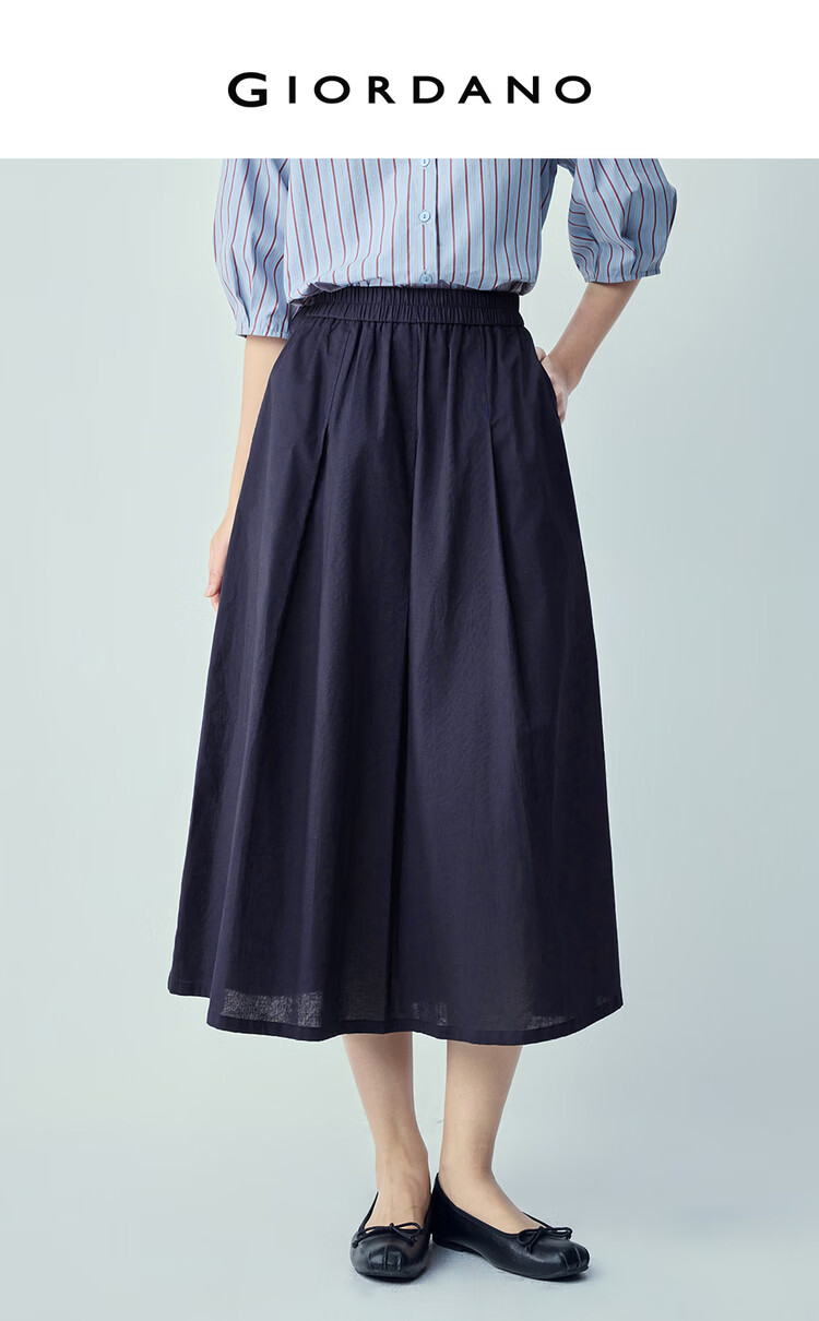Giordano Women's Linen Skirt 2026 Spring New Cotton Linen Pleated Elastic Waist A-Line Midi Skirt 13466356 3