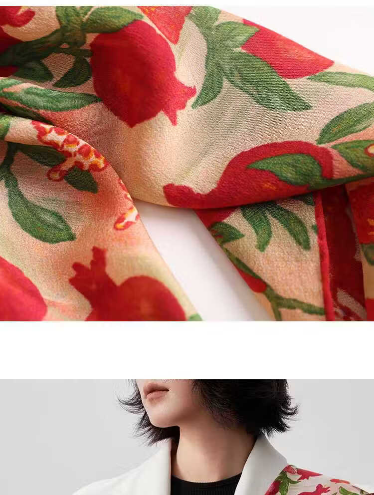 Lagur "Butterfly Pomegranate Flower" 100% Mulberry Silk Triangle Scarf Women's Silk Diamond Scarf Lupine Blue 24
