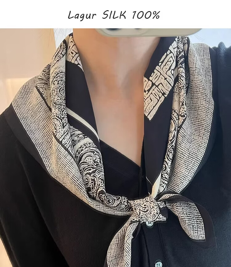 Lagur French Vintage Classic High-End Black and White 100% Mulberry Silk Square Scarf Versatile Neck Scarf for Women 2