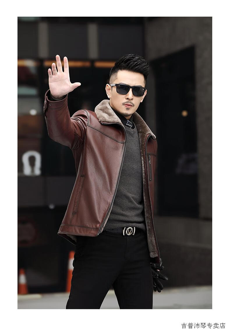 吉普jeep专柜高档大牌防寒保暖抗皱耐磨皮毛一体含羊毛内胆皮衣男真皮